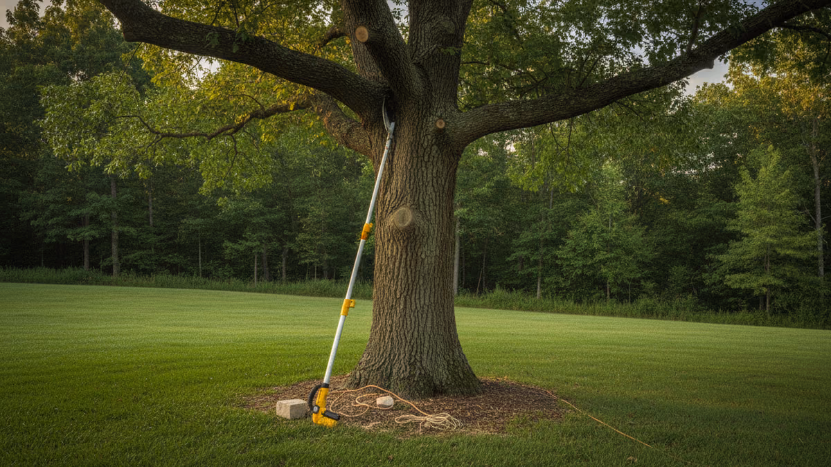 Pole pruner resting against a mature oak trunk under a full summer canopy with clean pruning cuts visible overhead
