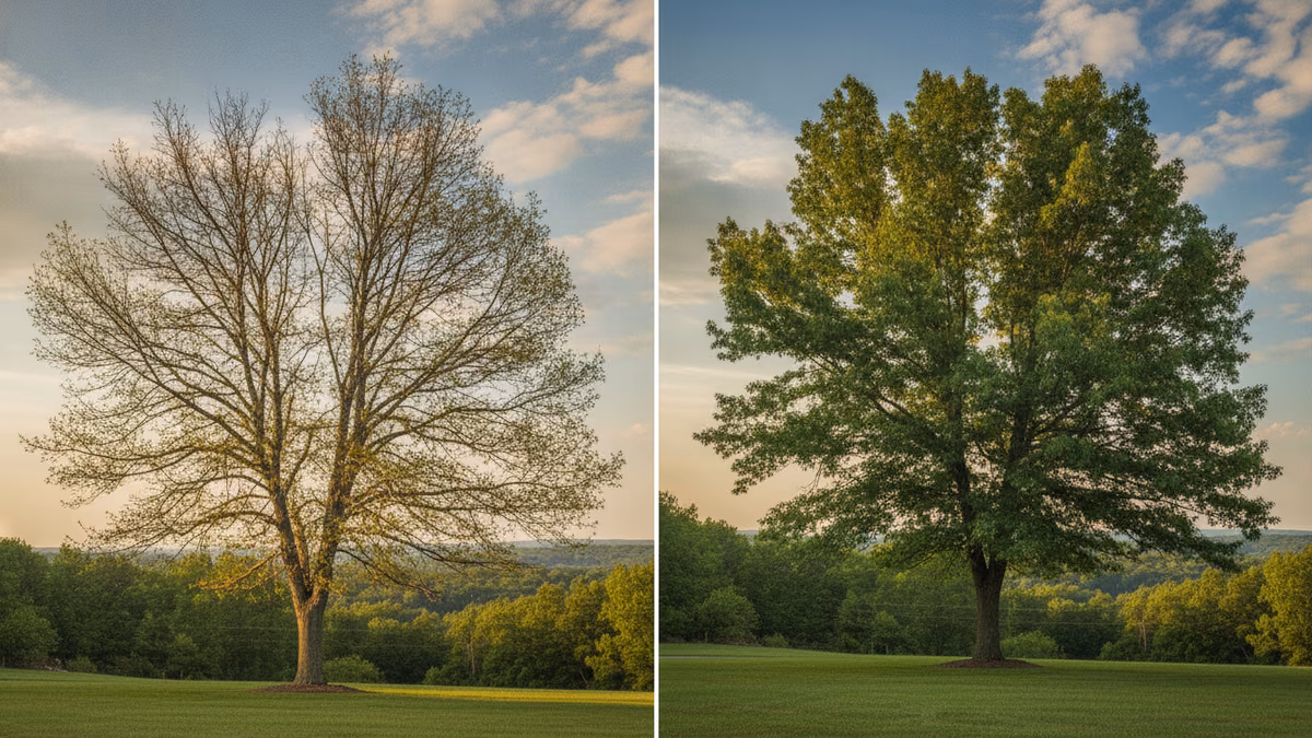 Declining ash with a thin, sparse crown standing beside a healthy deep-green oak in soft morning light