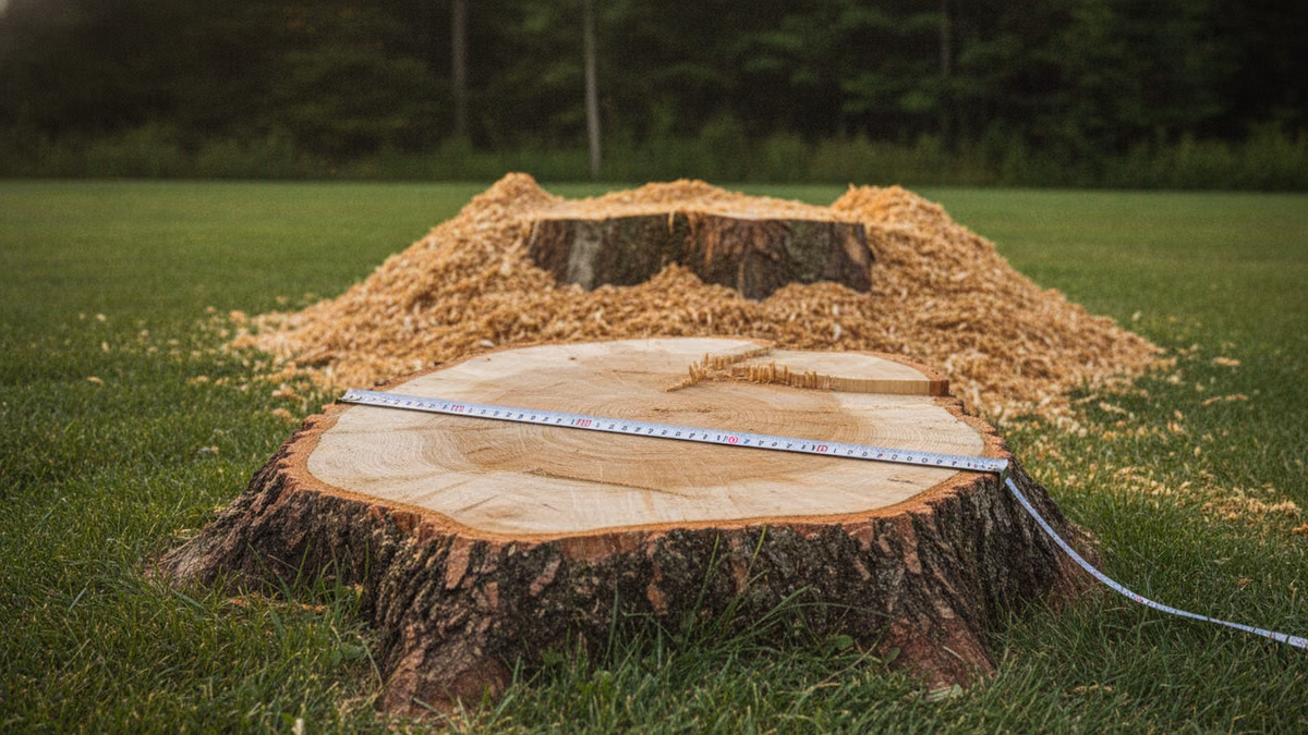 Steel tape measure stretched across the pale cut face of a wide fresh oak stump with grindings beside it