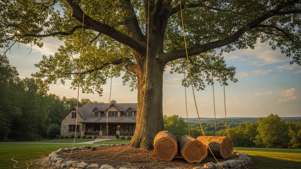 Rigging ropes set high in a towering oak above the roofline of a 1920s Springfield, MO craftsman home