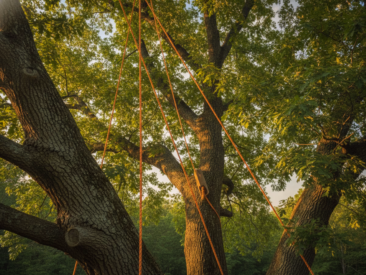 Amber rigging lines threaded through an oak canopy, taut against the trunk and set for controlled lowering