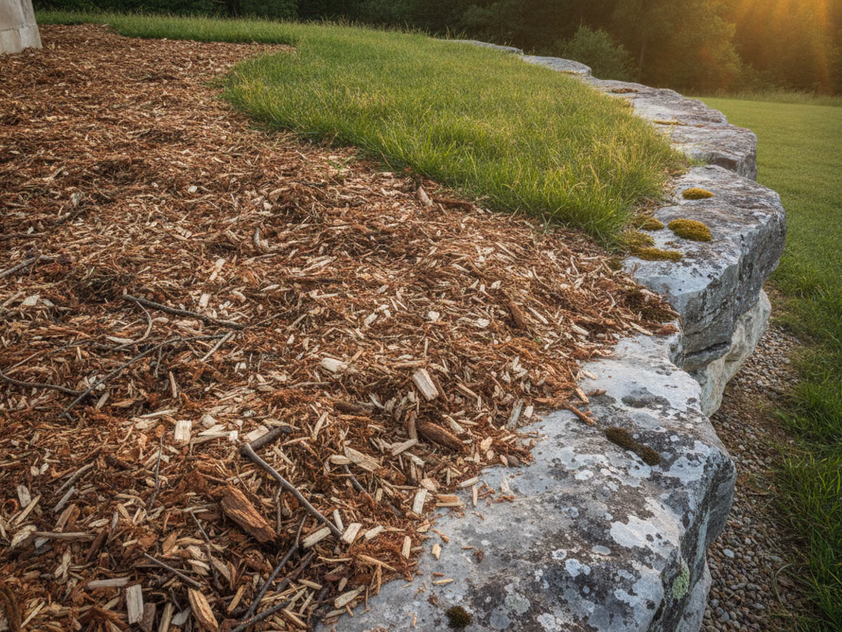 Fresh mulch carpet meeting native grass and a weathered limestone ledge at the edge of a cleared Ozarks lot