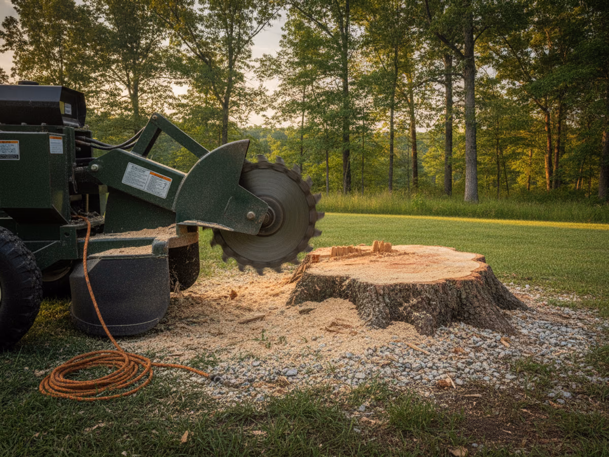 Carbide cutter wheel of a stump grinder resting beside a partially ground oak stump