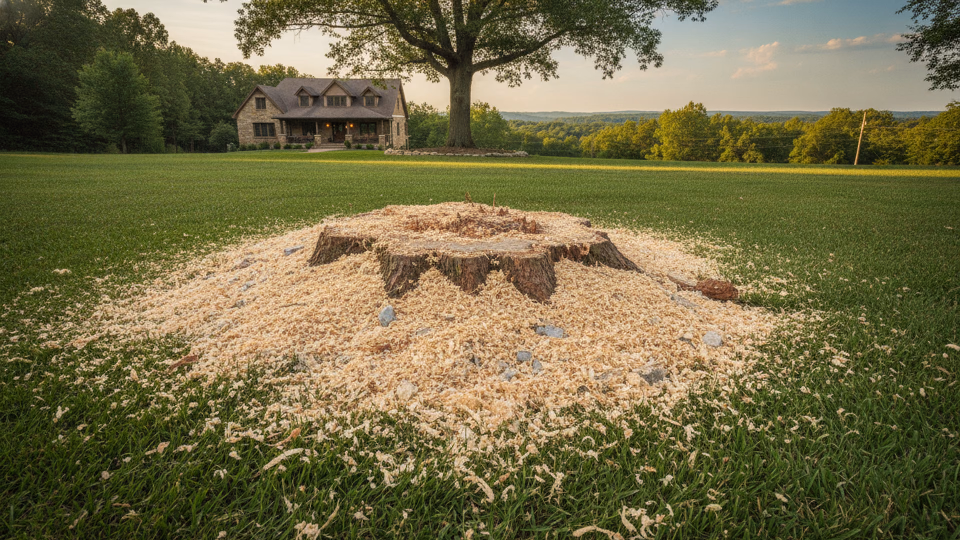 Fresh mound of pale stump grindings filling a neat below-grade hollow in a green Springfield, MO lawn