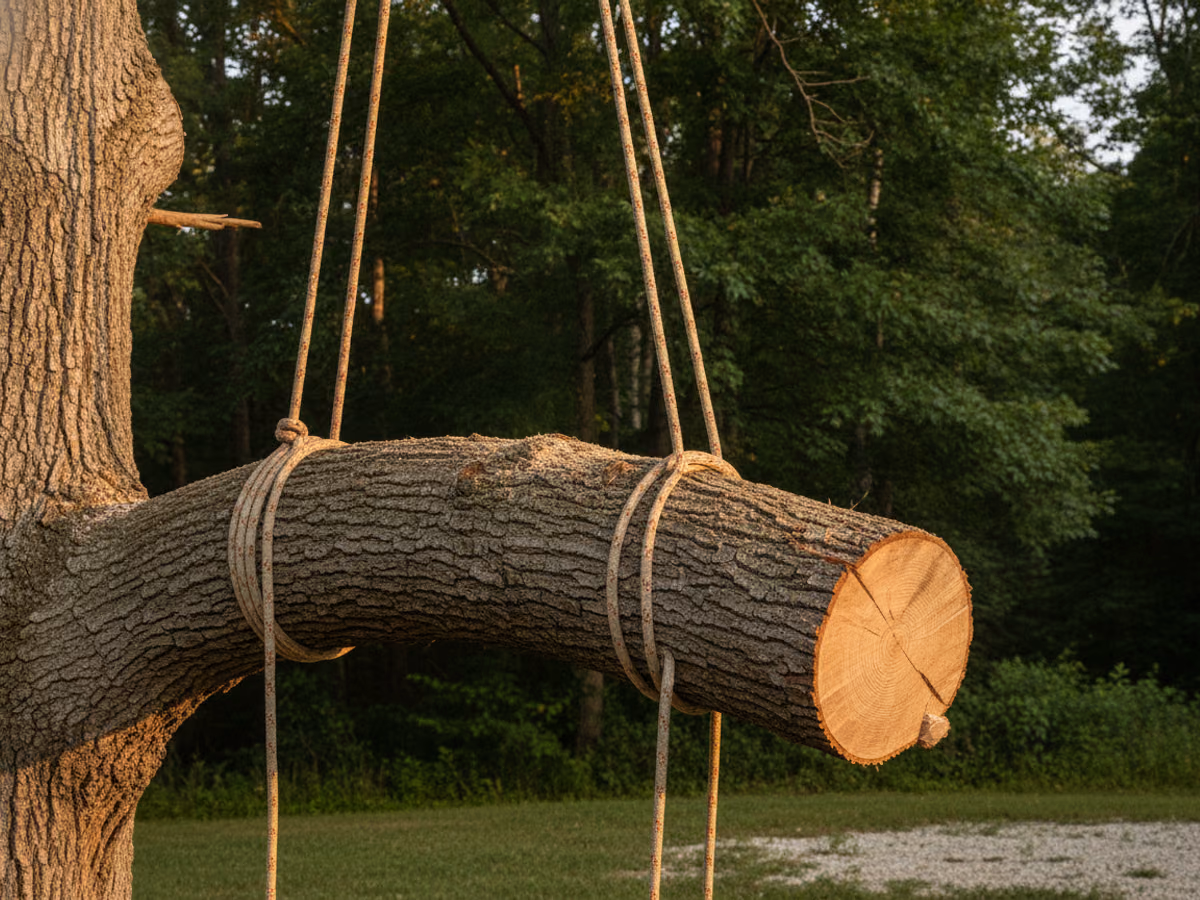 Large oak limb section suspended on taut rigging lines beside the trunk, controlled mid-lower