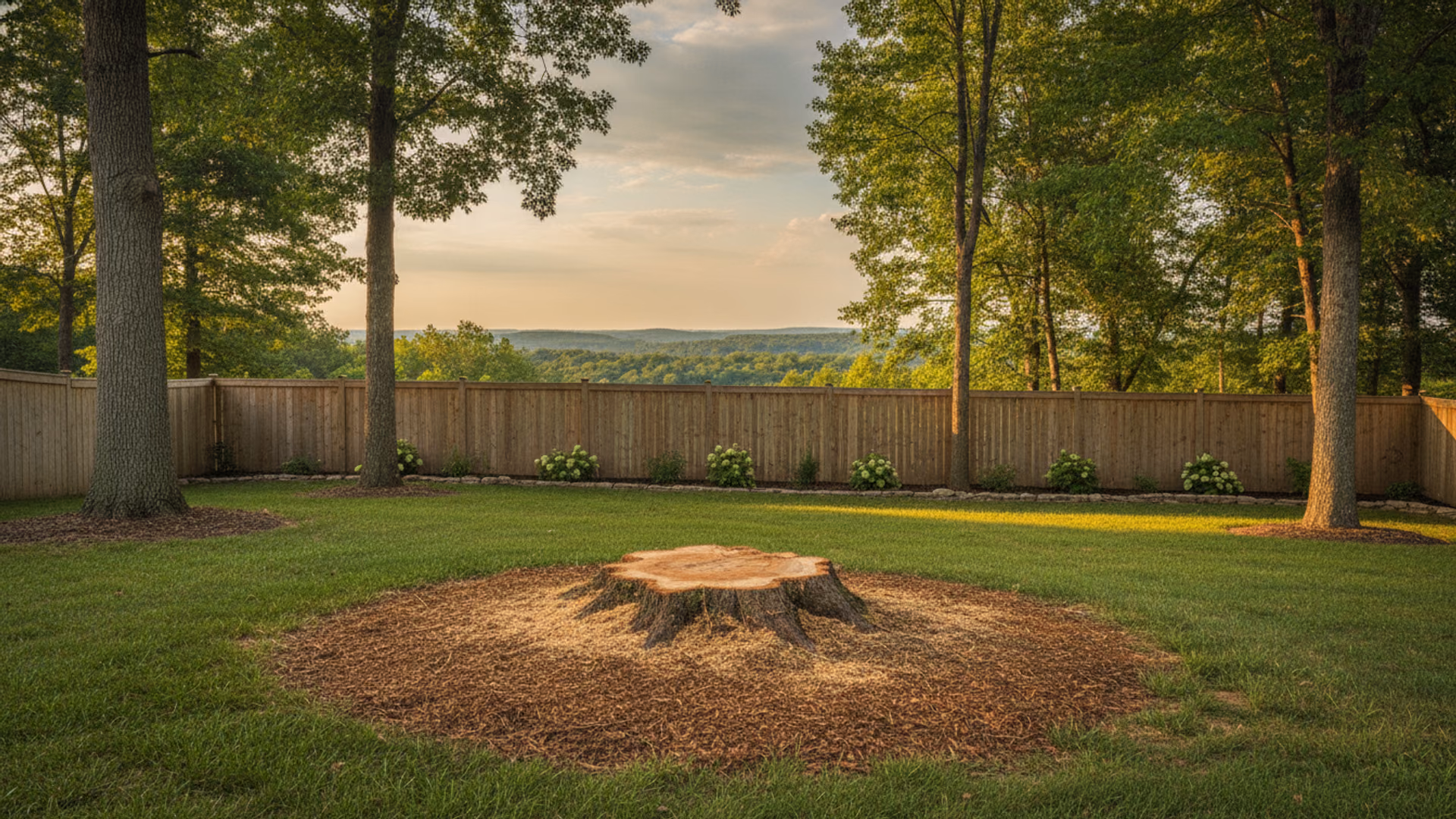 Sunlit clearing where a large oak once stood — fresh ground-flush stump ringed by raked earth and wood chips, garden beds and fence intact around it
