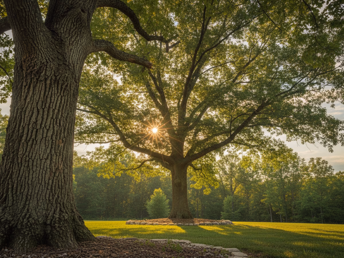 View straight up through an airy, freshly thinned oak canopy with sunlight breaking between the branches