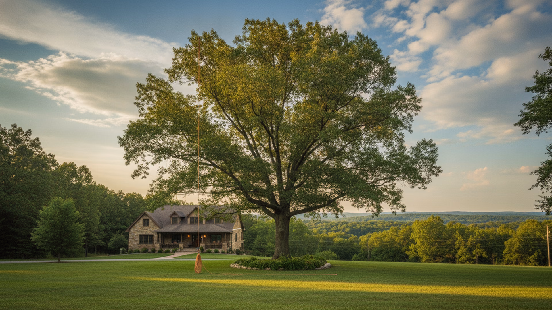 Mature oak with a freshly pruned, balanced crown against a clear blue Missouri summer sky