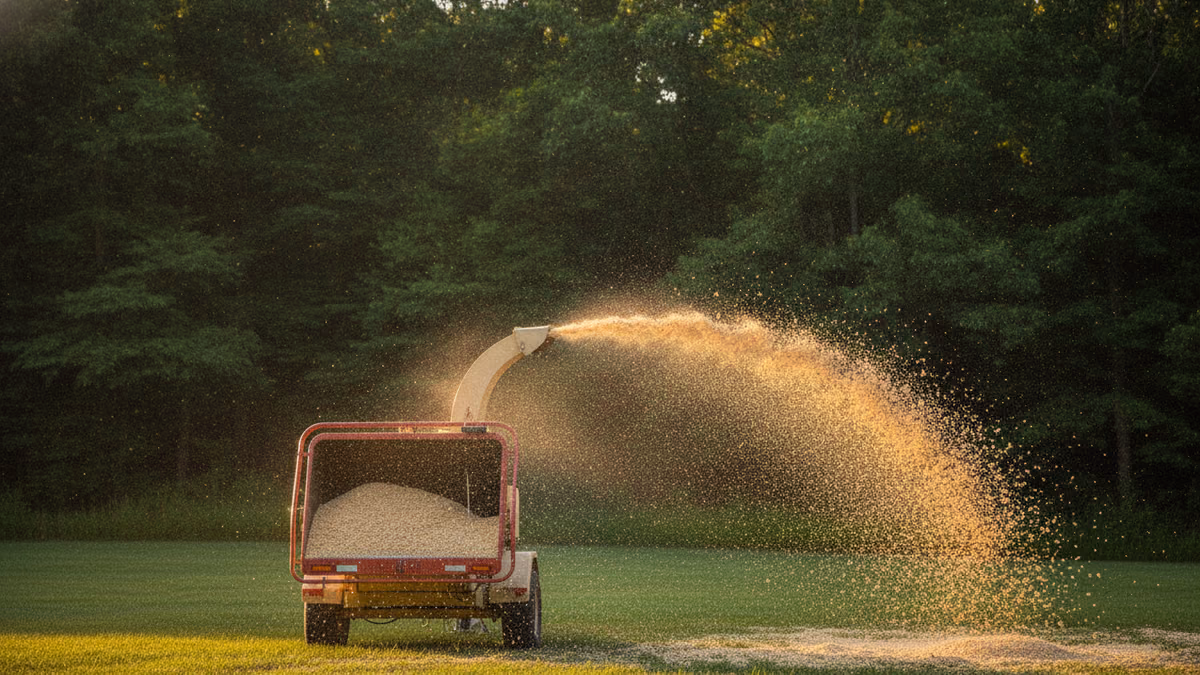 Wood chipper chute detail with fresh chip spray frozen mid-air against a deep green oak canopy