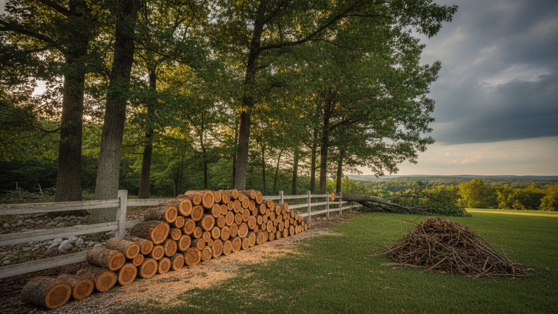 Storm aftermath made orderly — a large fallen oak limb bucked into clean rounds stacked beside an unharmed fence as grey sky clears to sun