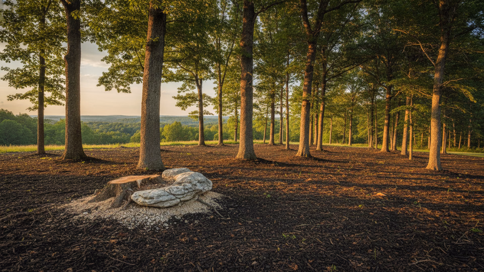 Cleanly cleared lot edge with mulched ground meeting a preserved oak tree line under a big Missouri sky